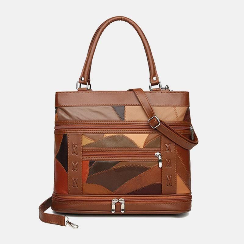 Kobiety Prawdziwej Skóry Geometryczny Wzór Dopasowanie Kolorów Vintage Dużej Pojemności Torebki Torba Na Ramię Torby Crossbody
