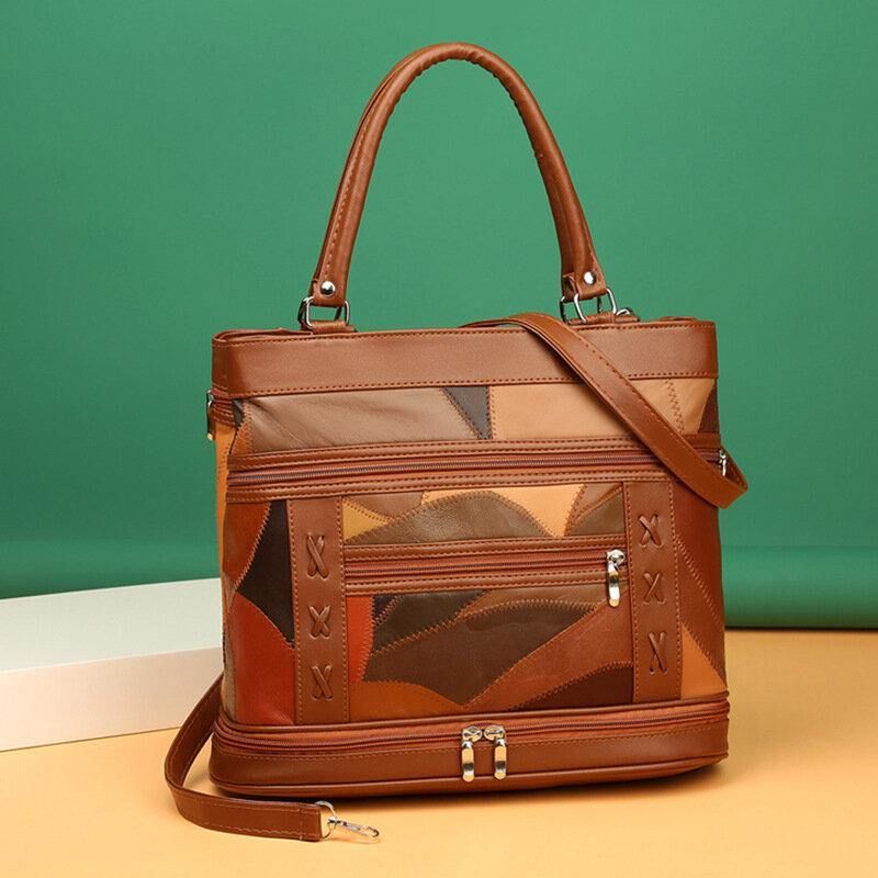 Kobiety Prawdziwej Skóry Geometryczny Wzór Dopasowanie Kolorów Vintage Dużej Pojemności Torebki Torba Na Ramię Torby Crossbody
