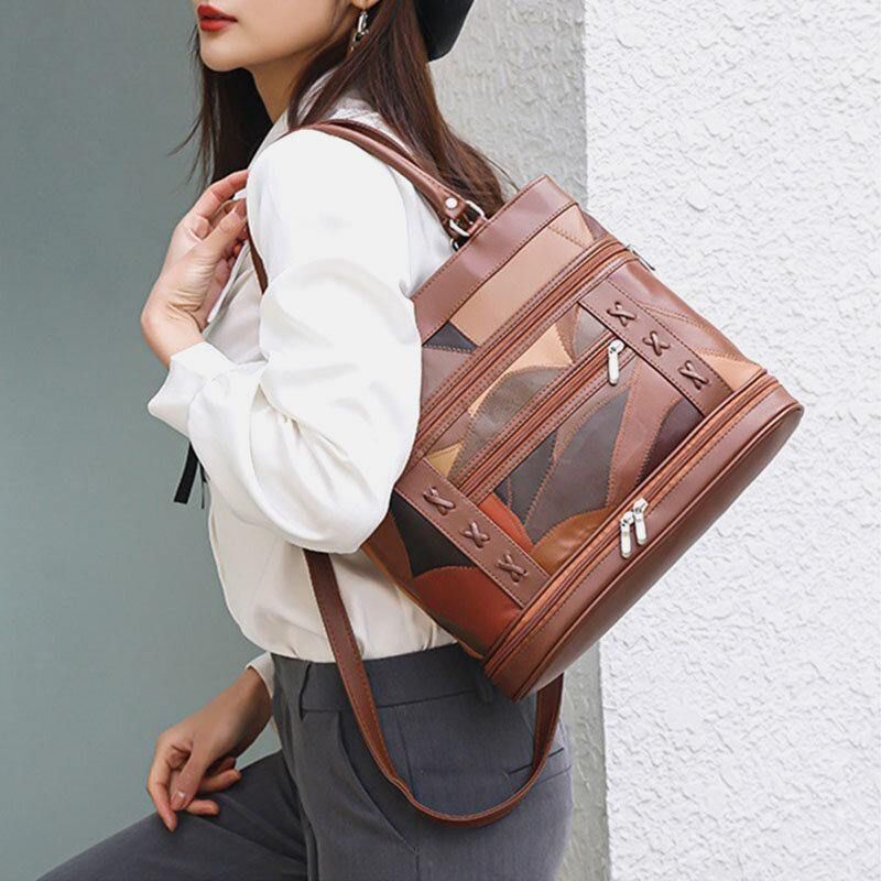 Kobiety Prawdziwej Skóry Geometryczny Wzór Dopasowanie Kolorów Vintage Dużej Pojemności Torebki Torba Na Ramię Torby Crossbody