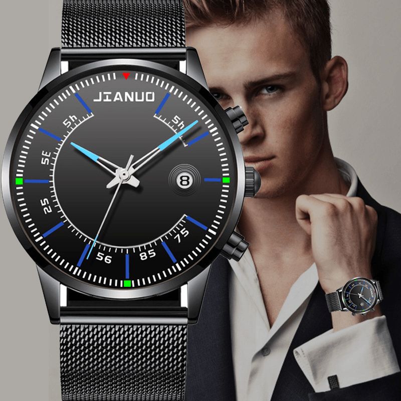 Jianuo Męskie Zegarek Alloy Sports Business Wodoodporny Świecący Kalendarz Mesh Belt Quartz Watch