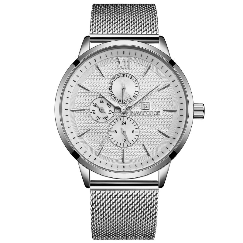 Naviforce 3003 Działające Małe Tarcze Wodoodporny Zegarek Kwarcowy Mesh Steel Ultra Thin Męskie Watch
