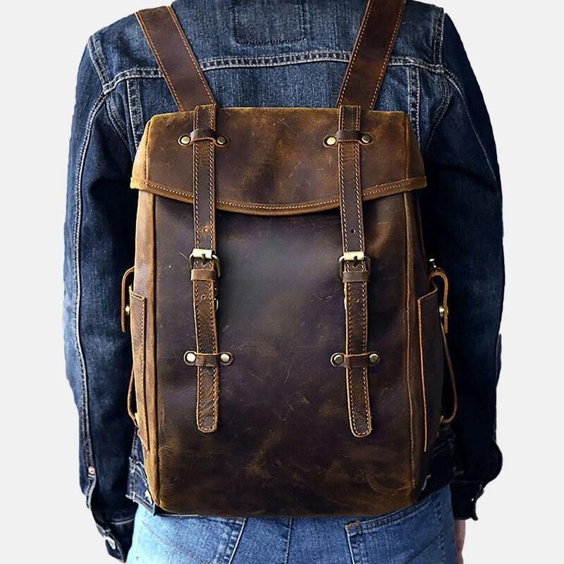 Mężczyźni Pu Leather Contrast Color Vintage Business Outdoor Duża Pojemność 14-Calowy Plecak Na Laptopa