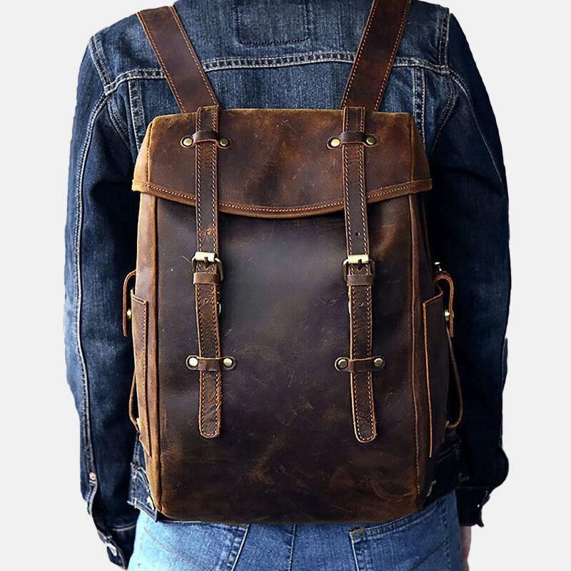 Mężczyźni Pu Leather Contrast Color Vintage Business Outdoor Duża Pojemność 14-Calowy Plecak Na Laptopa