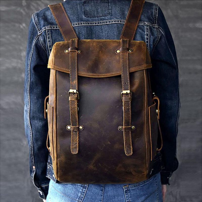 Mężczyźni Pu Leather Contrast Color Vintage Business Outdoor Duża Pojemność 14-Calowy Plecak Na Laptopa