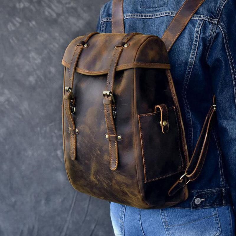 Mężczyźni Pu Leather Contrast Color Vintage Business Outdoor Duża Pojemność 14-Calowy Plecak Na Laptopa