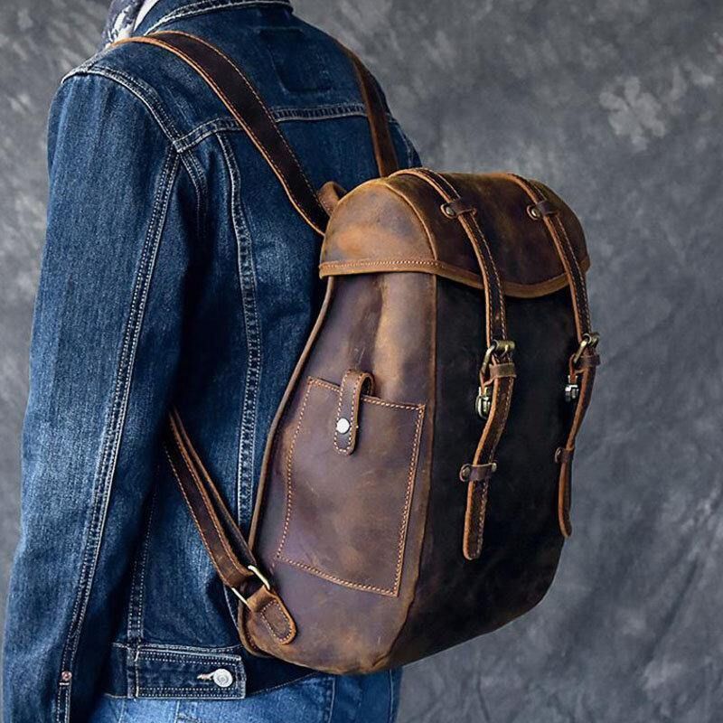 Mężczyźni Pu Leather Contrast Color Vintage Business Outdoor Duża Pojemność 14-Calowy Plecak Na Laptopa